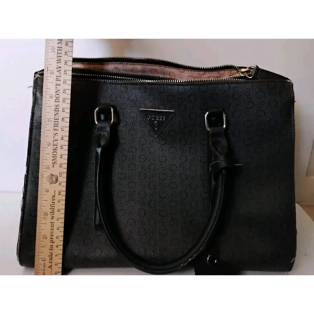 GUESS Fitz Black Monogram Satchel Bag Top Handle Purse SV860907 Triple Pocket